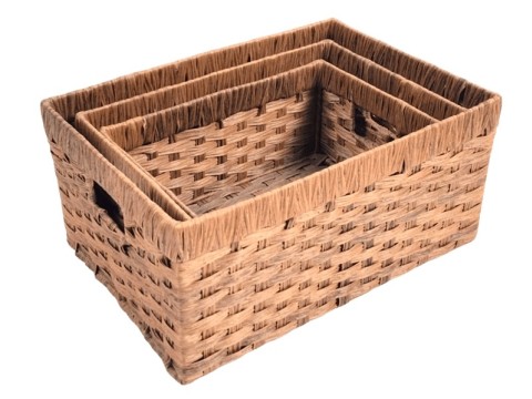 Top-tier Rectangular PE Resin Woven Basket Set of 3 with Cut-Out Handles